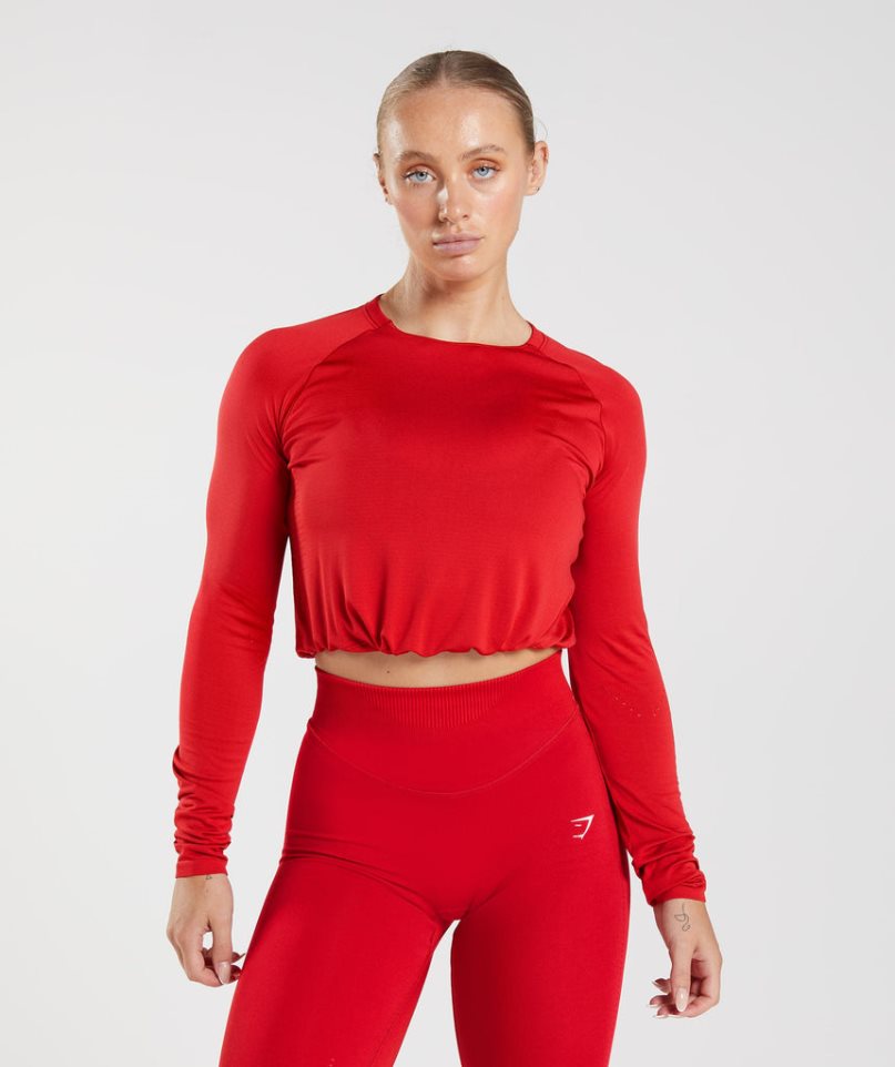 Women\'s Gymshark Sweat Seamless Long Sleeve Cropped Tops Red | CA 0N6538